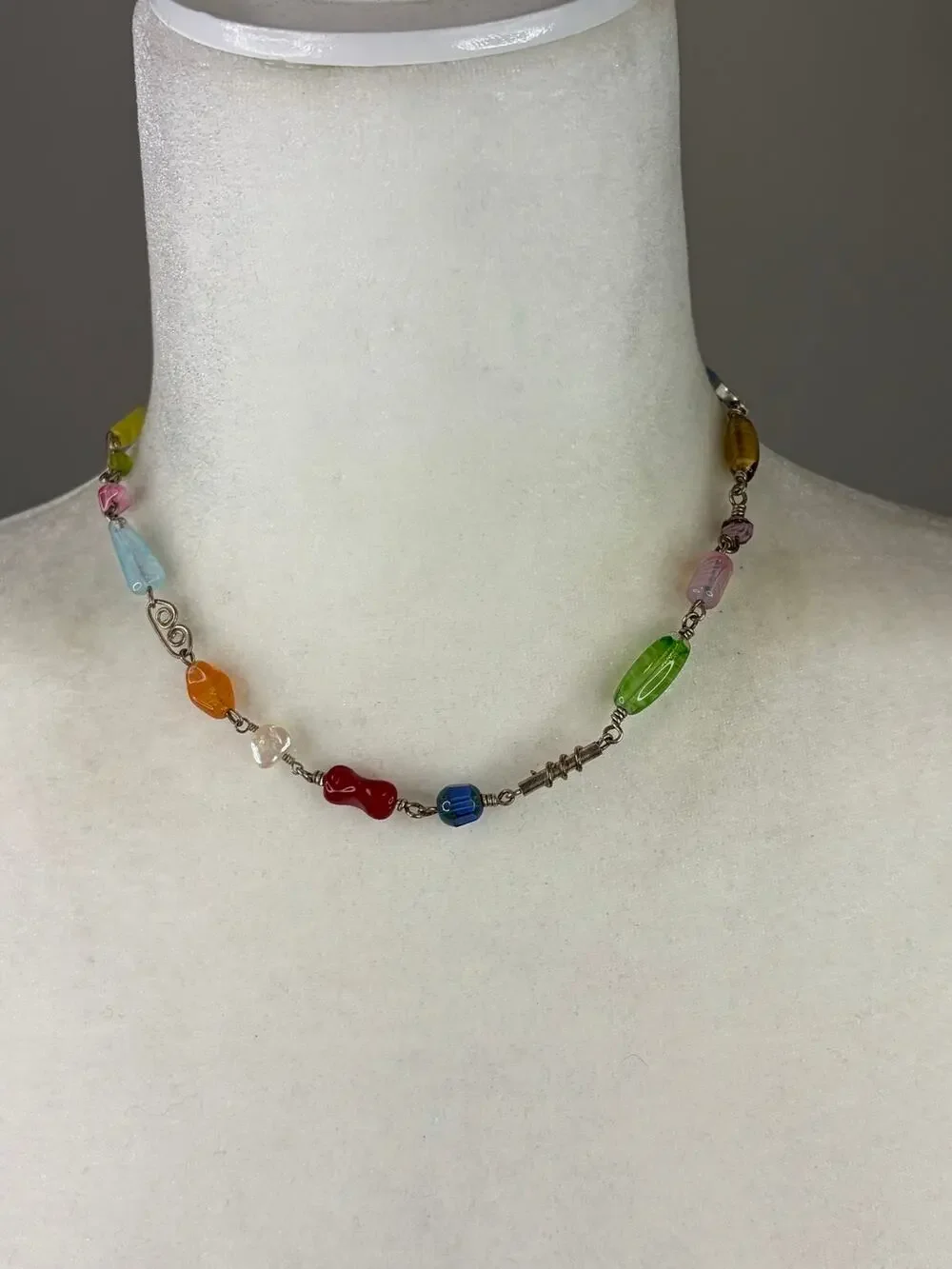 Art Glass Artisan Made Beaded Necklace on 925 Sterling 16in Colorful Whimsical